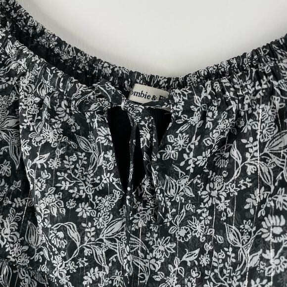 NWT Abercrombie Semi-Sheer Floral Metallic Off-Shoulder Bodysuit Black White LS - Picture 7 of 12